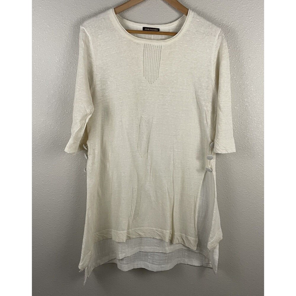 John Fashion Womens Small 100% Linen Cream Tunic Lagenlook Oversized Layered